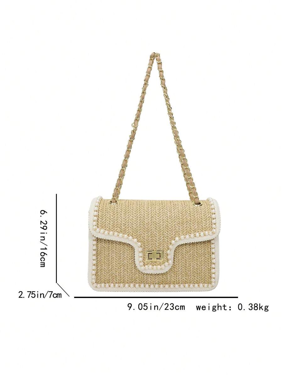 Straw Shoulder Bag with Faux Pearl Decor for Women, Perfect Beach Vacation Accessory, Trendy Summer Handbag for Travel, Holiday and Leisure