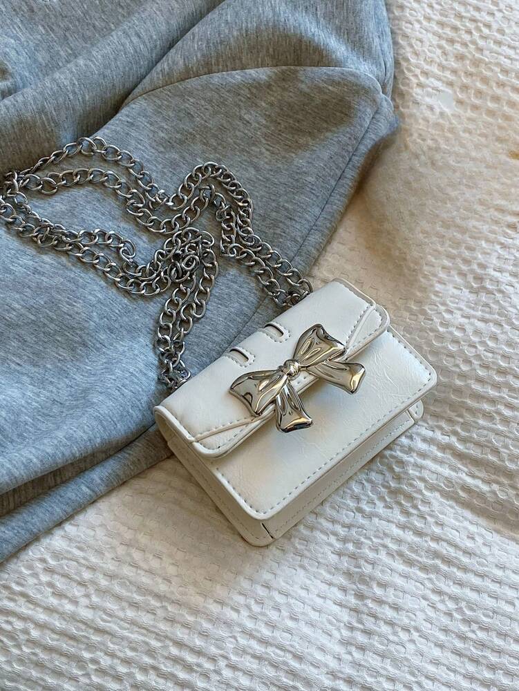 Fashionable Mini Square Crossbody Bag with Bow Decoration and Double Chain, Ideal for Fall and Winter, Lightweight Daily Purse for Students and Women