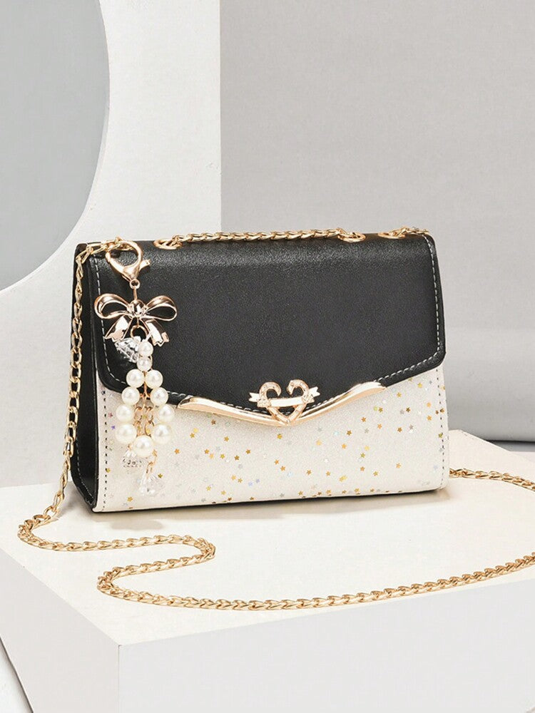 Elegant Square Flap Bag with Bow and Faux Pearl Decor, Mini Fashion PU Handbag with Adjustable Strap, Ideal Mother's Day Gift or Birthday Present
