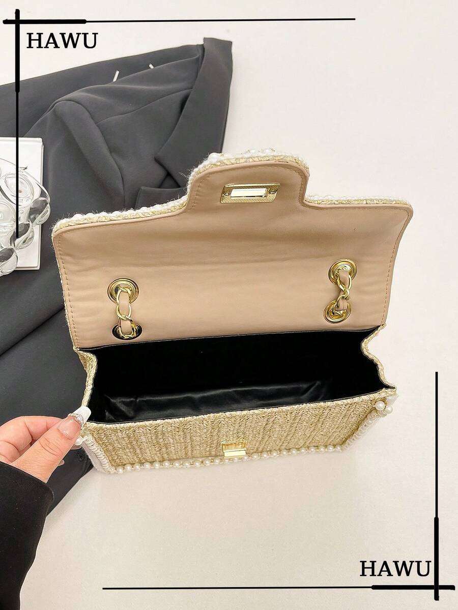 Straw Shoulder Bag with Faux Pearl Decor for Women, Perfect Beach Vacation Accessory, Trendy Summer Handbag for Travel, Holiday and Leisure