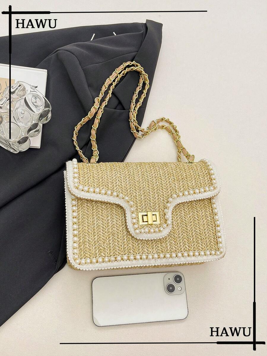 Straw Shoulder Bag with Faux Pearl Decor for Women, Perfect Beach Vacation Accessory, Trendy Summer Handbag for Travel, Holiday and Leisure