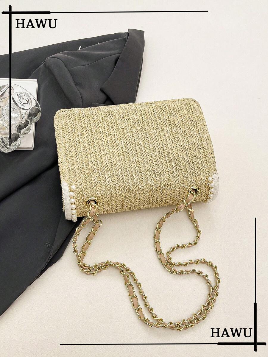Straw Shoulder Bag with Faux Pearl Decor for Women, Perfect Beach Vacation Accessory, Trendy Summer Handbag for Travel, Holiday and Leisure