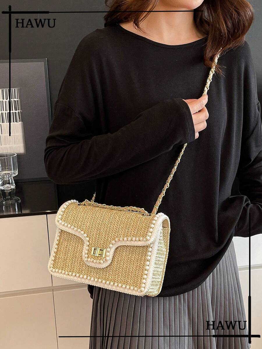 Straw Shoulder Bag with Faux Pearl Decor for Women, Perfect Beach Vacation Accessory, Trendy Summer Handbag for Travel, Holiday and Leisure