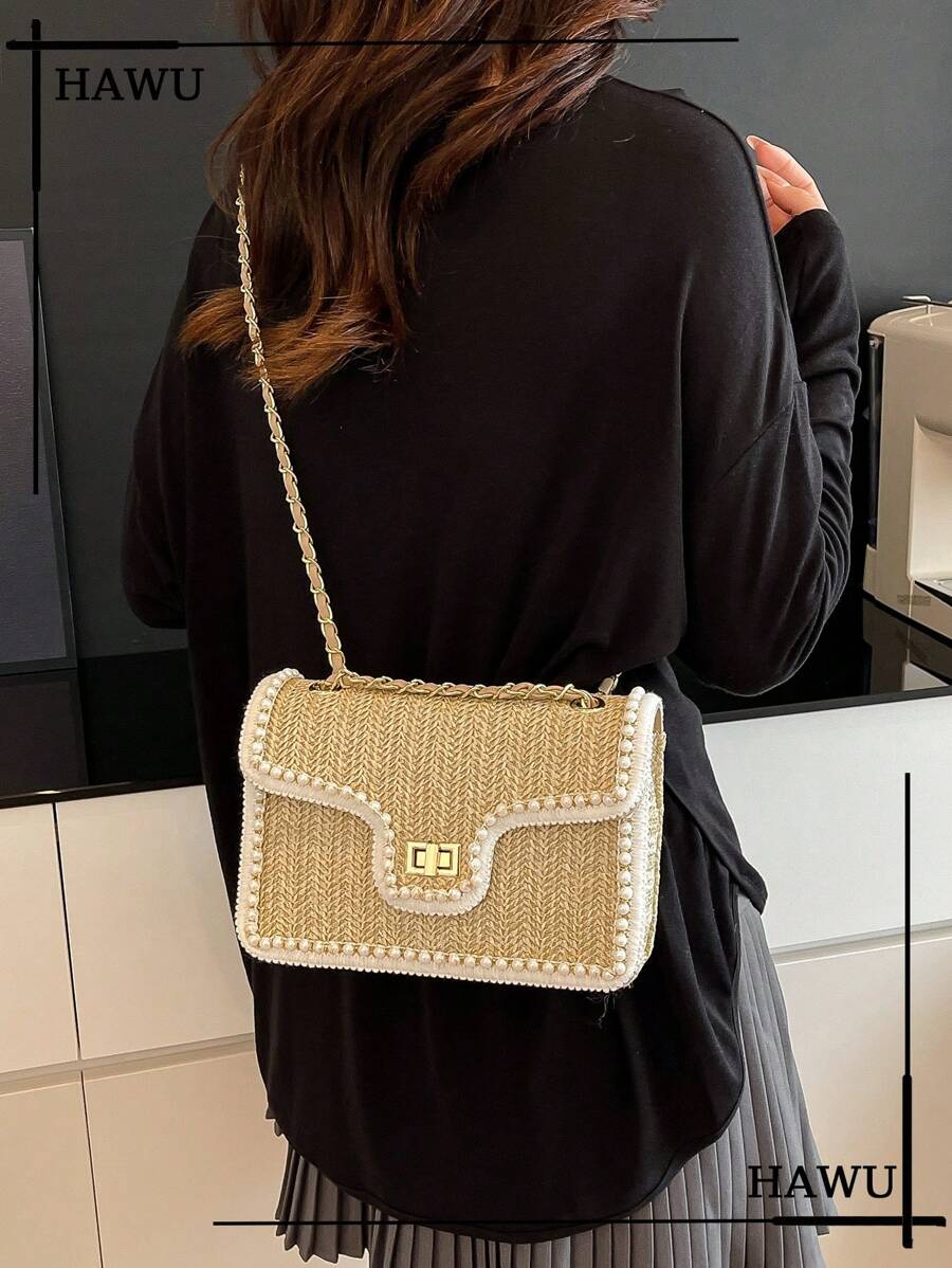 Straw Shoulder Bag with Faux Pearl Decor for Women, Perfect Beach Vacation Accessory, Trendy Summer Handbag for Travel, Holiday and Leisure