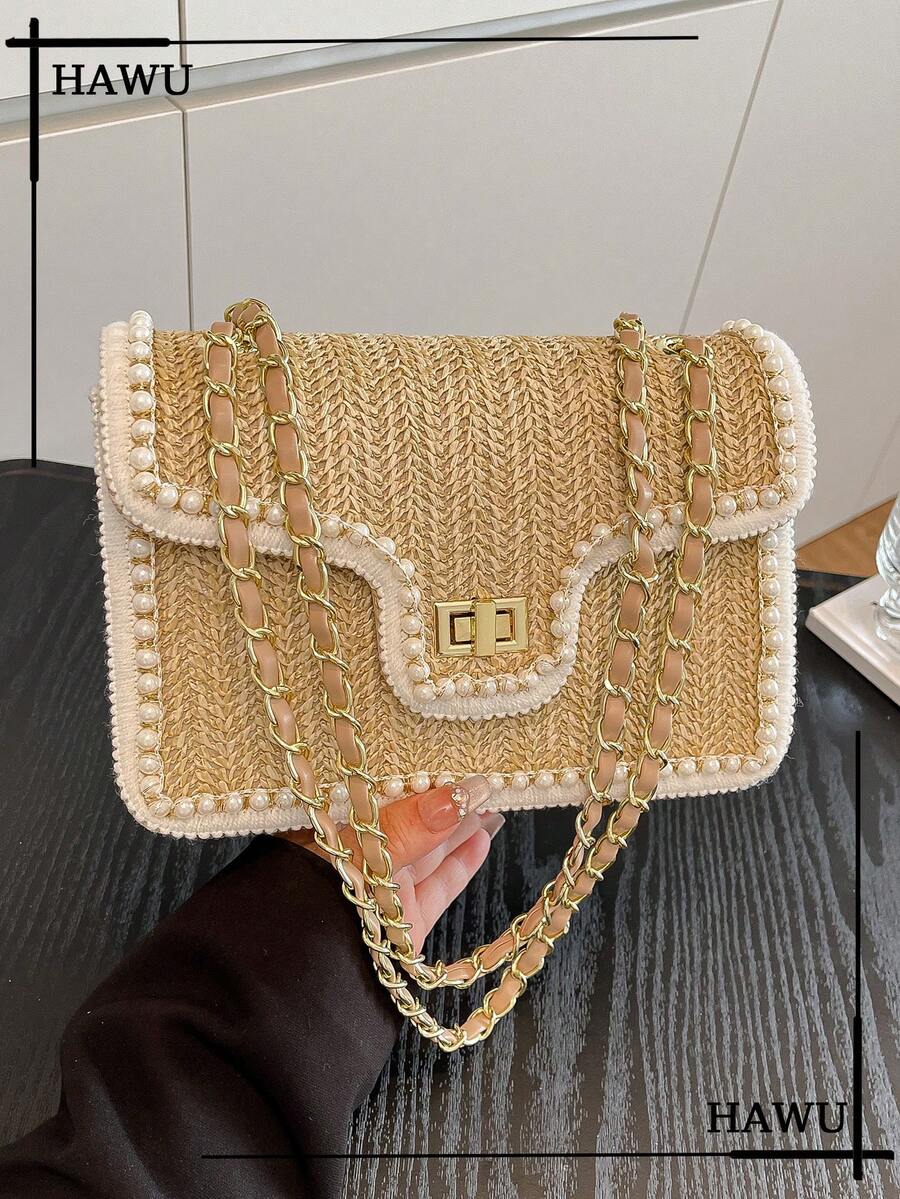 Straw Shoulder Bag with Faux Pearl Decor for Women, Perfect Beach Vacation Accessory, Trendy Summer Handbag for Travel, Holiday and Leisure