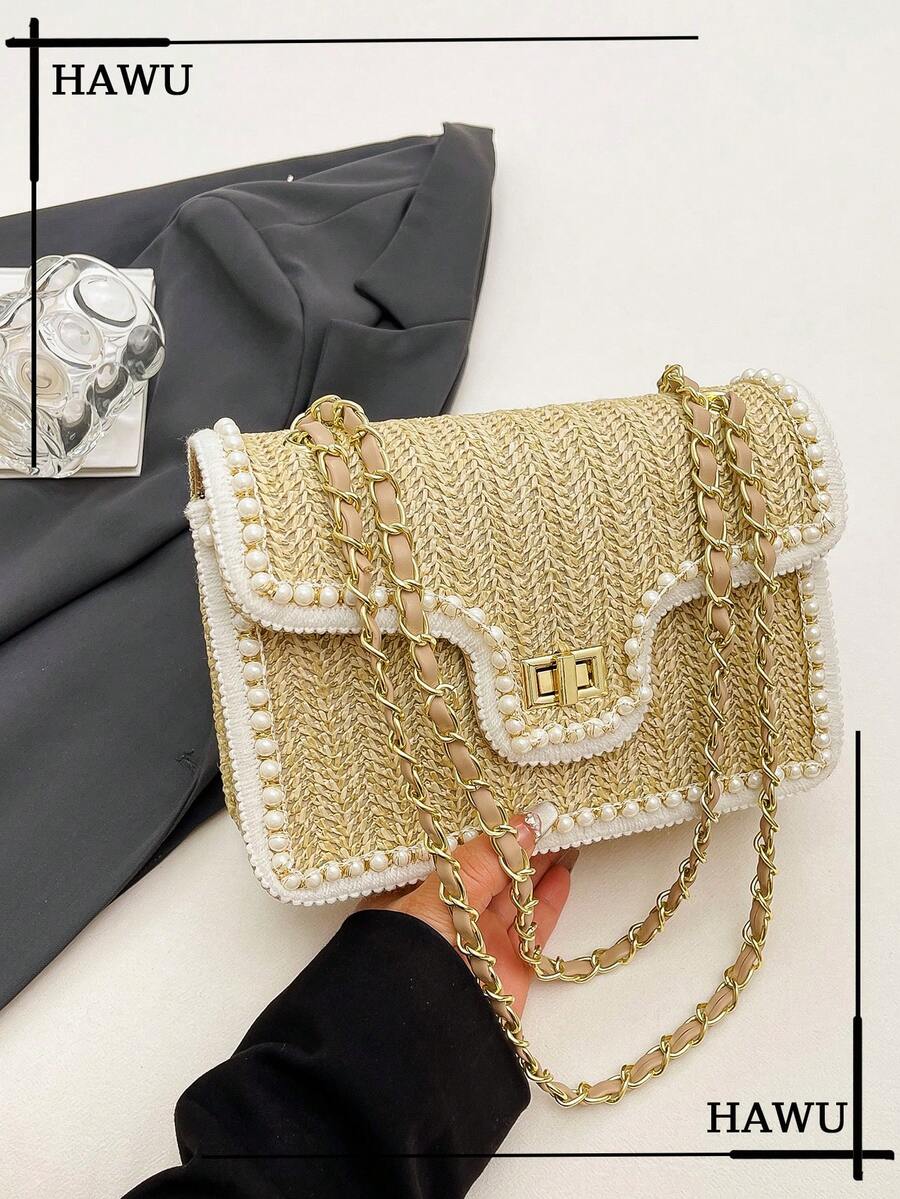 Straw Shoulder Bag with Faux Pearl Decor for Women, Perfect Beach Vacation Accessory, Trendy Summer Handbag for Travel, Holiday and Leisure