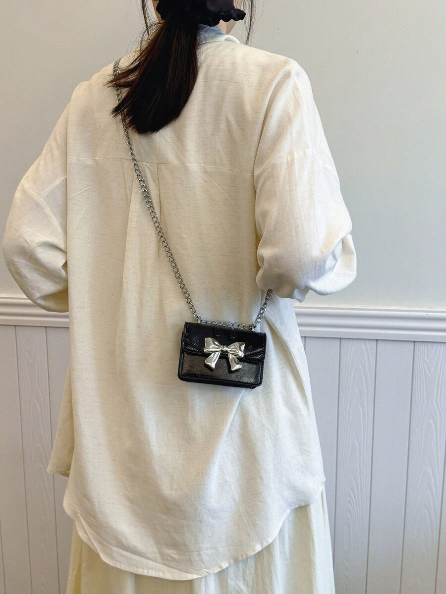 Fashionable Mini Square Crossbody Bag with Bow Decoration and Double Chain, Ideal for Fall and Winter, Lightweight Daily Purse for Students and Women