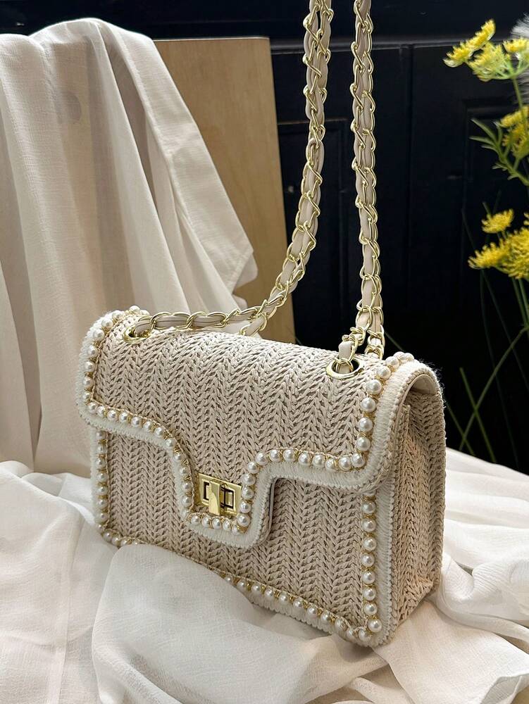 Straw Shoulder Bag with Faux Pearl Decor for Women, Perfect Beach Vacation Accessory, Trendy Summer Handbag for Travel, Holiday and Leisure
