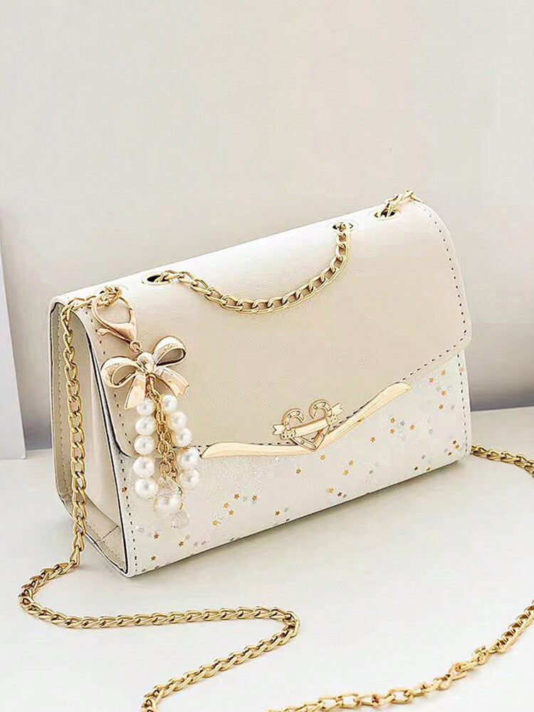 Elegant Square Flap Bag with Bow and Faux Pearl Decor, Mini Fashion PU Handbag with Adjustable Strap, Ideal Mother's Day Gift or Birthday Present