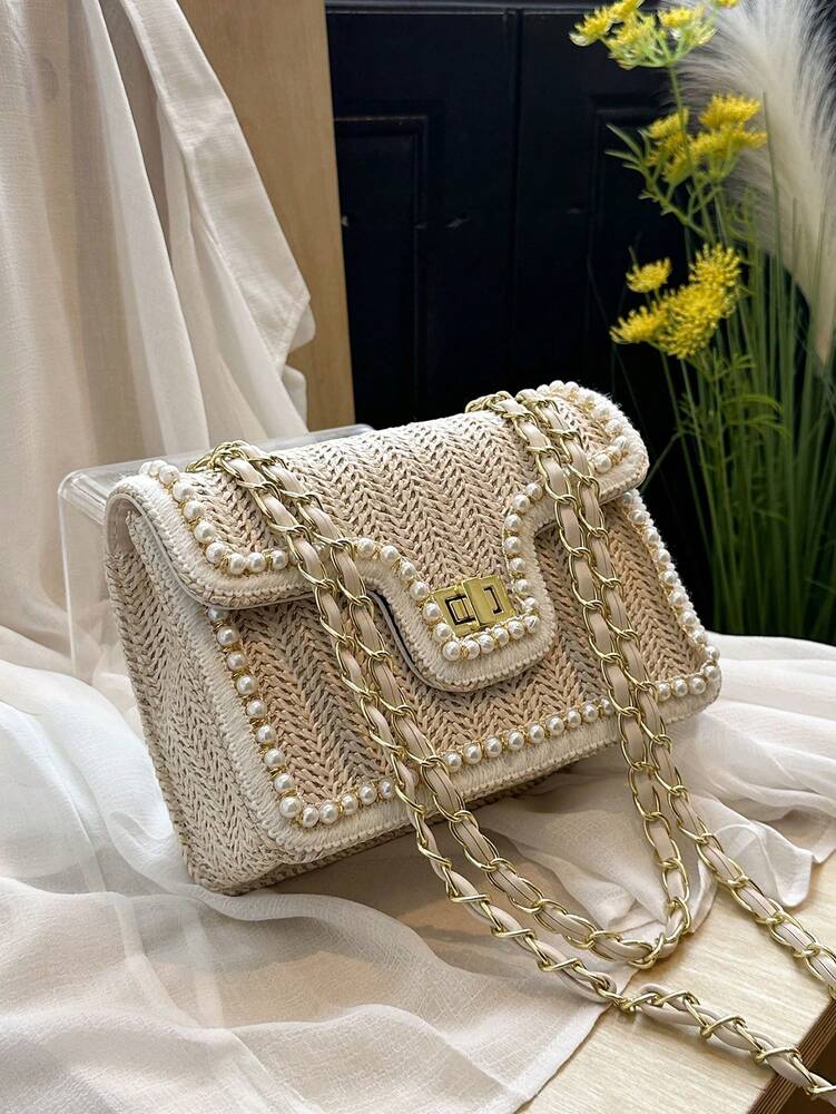 Straw Shoulder Bag with Faux Pearl Decor for Women, Perfect Beach Vacation Accessory, Trendy Summer Handbag for Travel, Holiday and Leisure