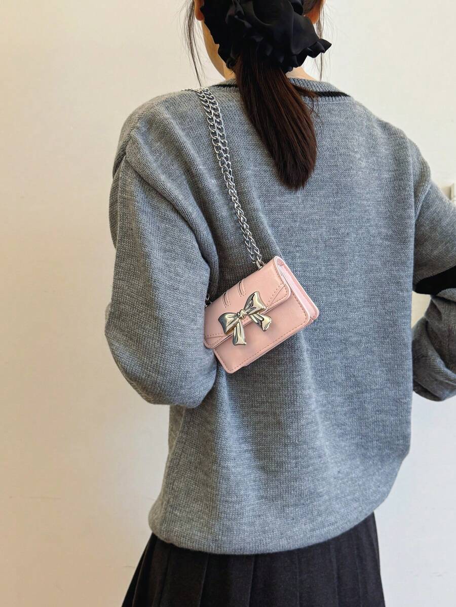 Fashionable Mini Square Crossbody Bag with Bow Decoration and Double Chain, Ideal for Fall and Winter, Lightweight Daily Purse for Students and Women