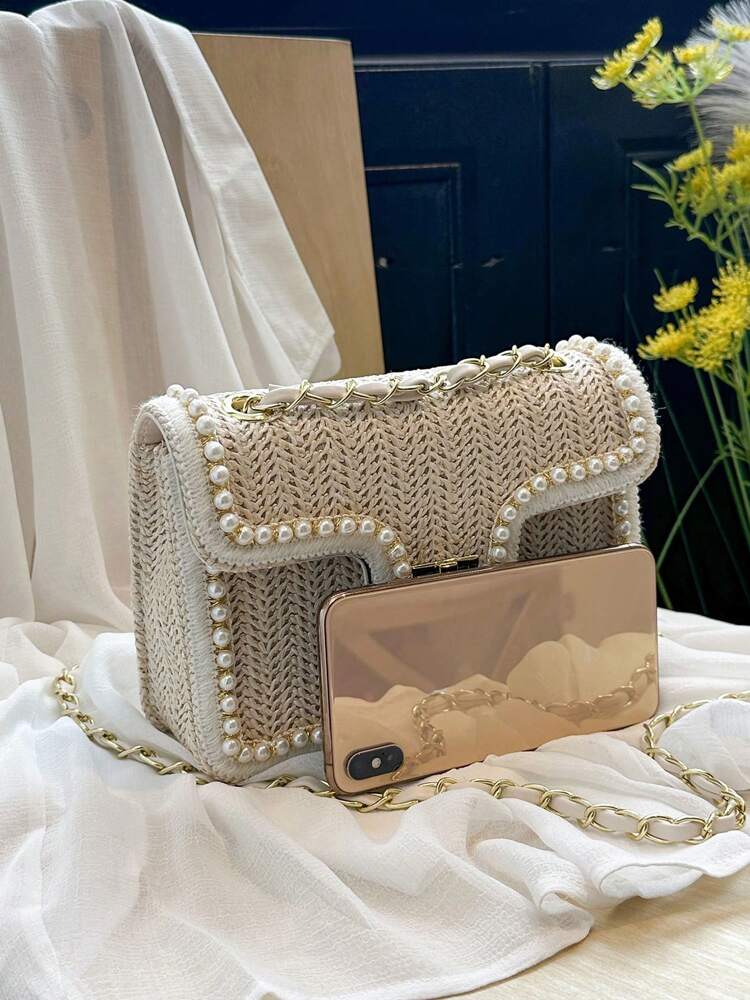 Straw Shoulder Bag with Faux Pearl Decor for Women, Perfect Beach Vacation Accessory, Trendy Summer Handbag for Travel, Holiday and Leisure