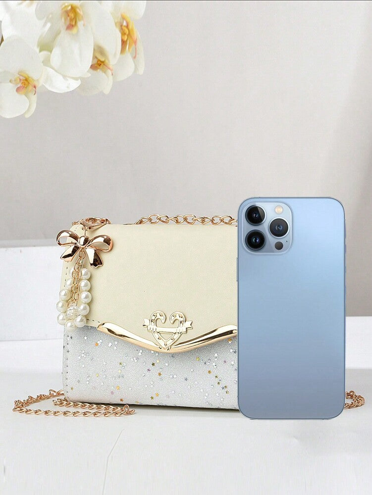 Elegant Square Flap Bag with Bow and Faux Pearl Decor, Mini Fashion PU Handbag with Adjustable Strap, Ideal Mother's Day Gift or Birthday Present