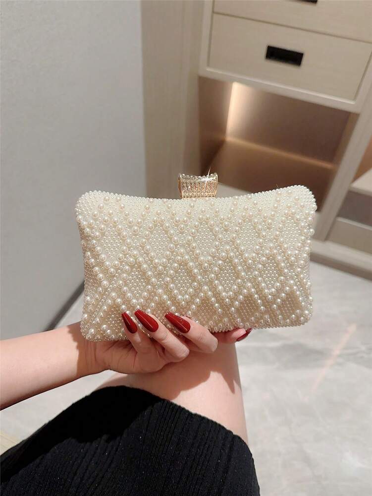 Faux Pearl Box Clutch Evening Bag for Women, Elegant Romantic Style Handbag for Bridal Events, Weddings, Proms, Formal Dinners or Dance Nights