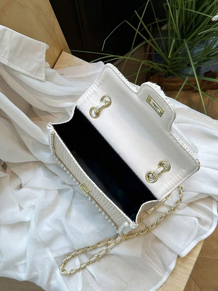 Straw Shoulder Bag with Faux Pearl Decor for Women, Perfect Beach Vacation Accessory, Trendy Summer Handbag for Travel, Holiday and Leisure