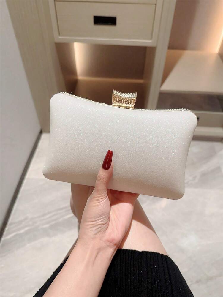 Faux Pearl Box Clutch Evening Bag for Women, Elegant Romantic Style Handbag for Bridal Events, Weddings, Proms, Formal Dinners or Dance Nights
