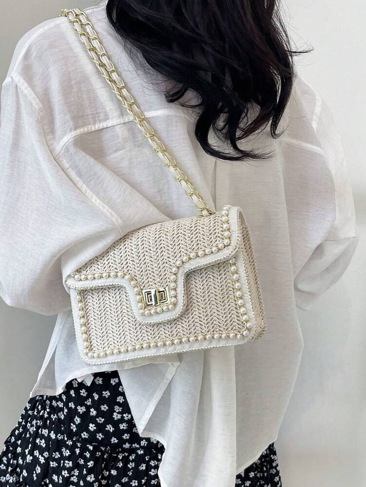 Straw Shoulder Bag with Faux Pearl Decor for Women, Perfect Beach Vacation Accessory, Trendy Summer Handbag for Travel, Holiday and Leisure