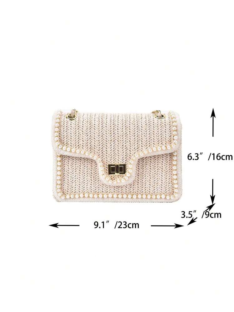 Straw Shoulder Bag with Faux Pearl Decor for Women, Perfect Beach Vacation Accessory, Trendy Summer Handbag for Travel, Holiday and Leisure