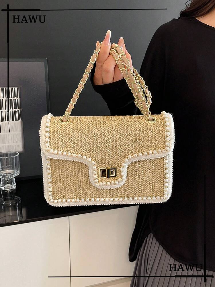 Straw Shoulder Bag with Faux Pearl Decor for Women, Perfect Beach Vacation Accessory, Trendy Summer Handbag for Travel, Holiday and Leisure