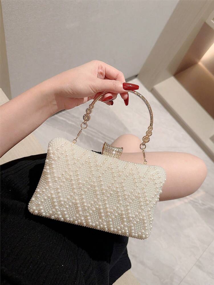 Faux Pearl Box Clutch Evening Bag for Women, Elegant Romantic Style Handbag for Bridal Events, Weddings, Proms, Formal Dinners or Dance Nights
