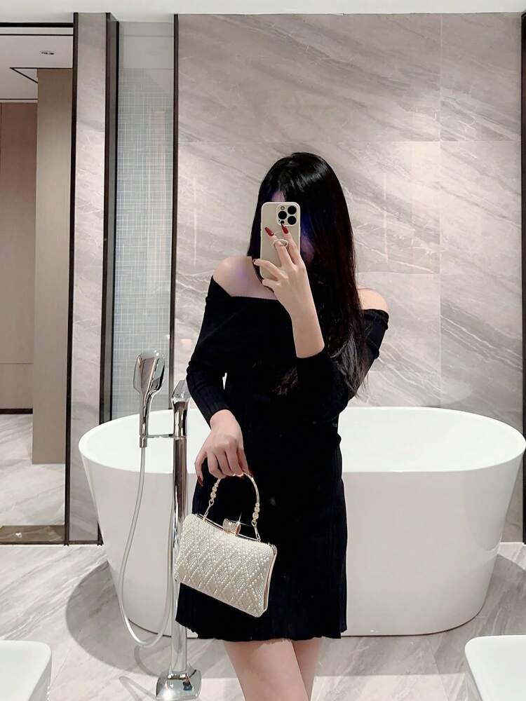 Faux Pearl Box Clutch Evening Bag for Women, Elegant Romantic Style Handbag for Bridal Events, Weddings, Proms, Formal Dinners or Dance Nights