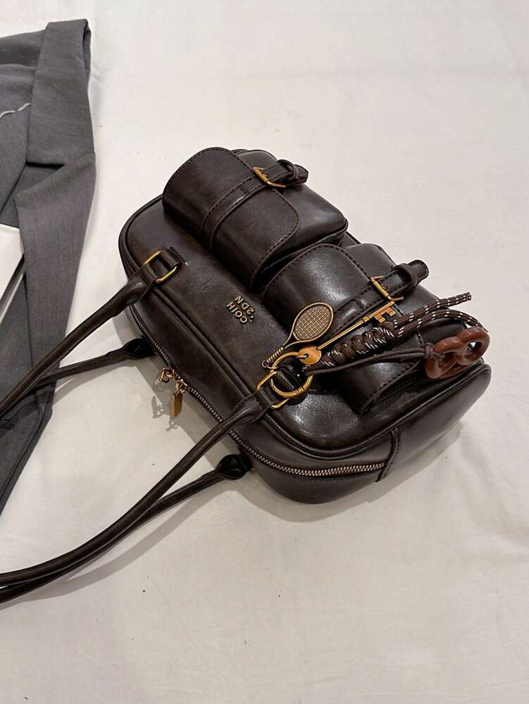 Trendy Pillow Shoulder Bag with Bread Knot Pendant and Multi Pockets, Retro Minimalist Handbag for Women, Perfect for Daily Use and Shopping