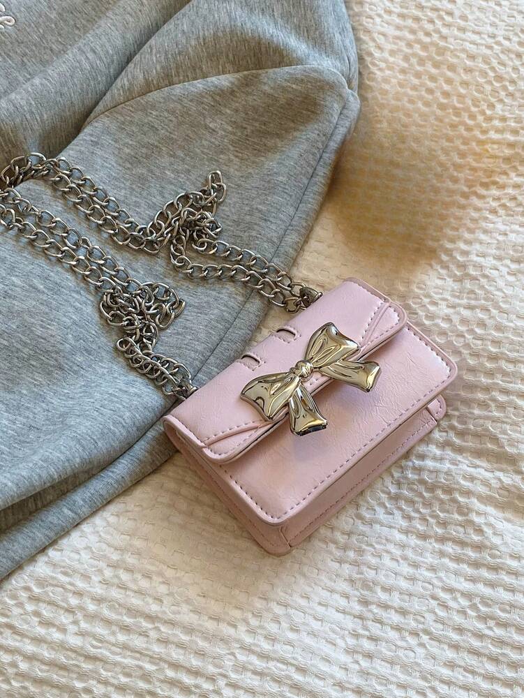 Fashionable Mini Square Crossbody Bag with Bow Decoration and Double Chain, Ideal for Fall and Winter, Lightweight Daily Purse for Students and Women