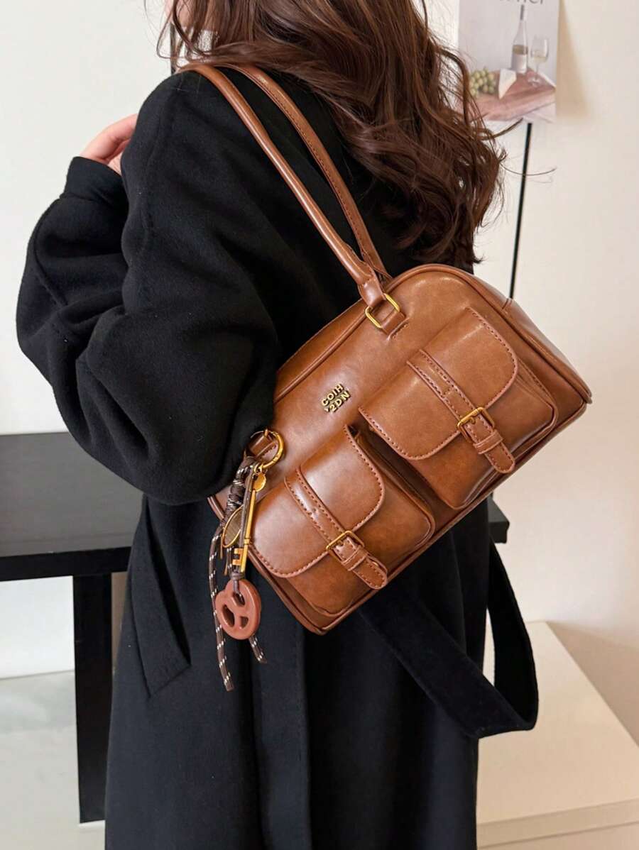 Trendy Pillow Shoulder Bag with Bread Knot Pendant and Multi Pockets, Retro Minimalist Handbag for Women, Perfect for Daily Use and Shopping
