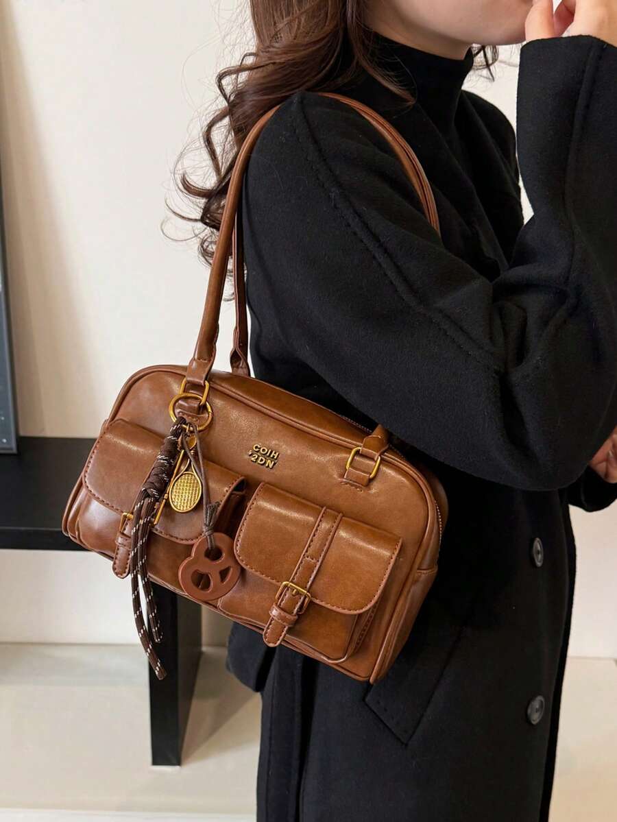 Trendy Pillow Shoulder Bag with Bread Knot Pendant and Multi Pockets, Retro Minimalist Handbag for Women, Perfect for Daily Use and Shopping