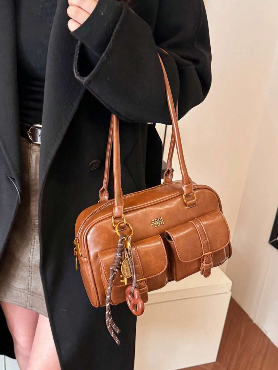 Trendy Pillow Shoulder Bag with Bread Knot Pendant and Multi Pockets, Retro Minimalist Handbag for Women, Perfect for Daily Use and Shopping
