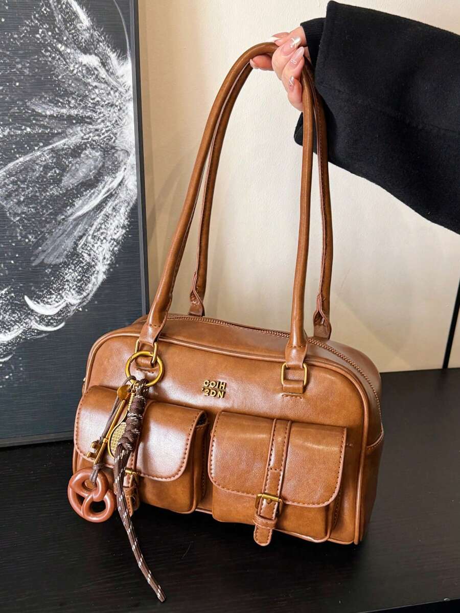 Trendy Pillow Shoulder Bag with Bread Knot Pendant and Multi Pockets, Retro Minimalist Handbag for Women, Perfect for Daily Use and Shopping