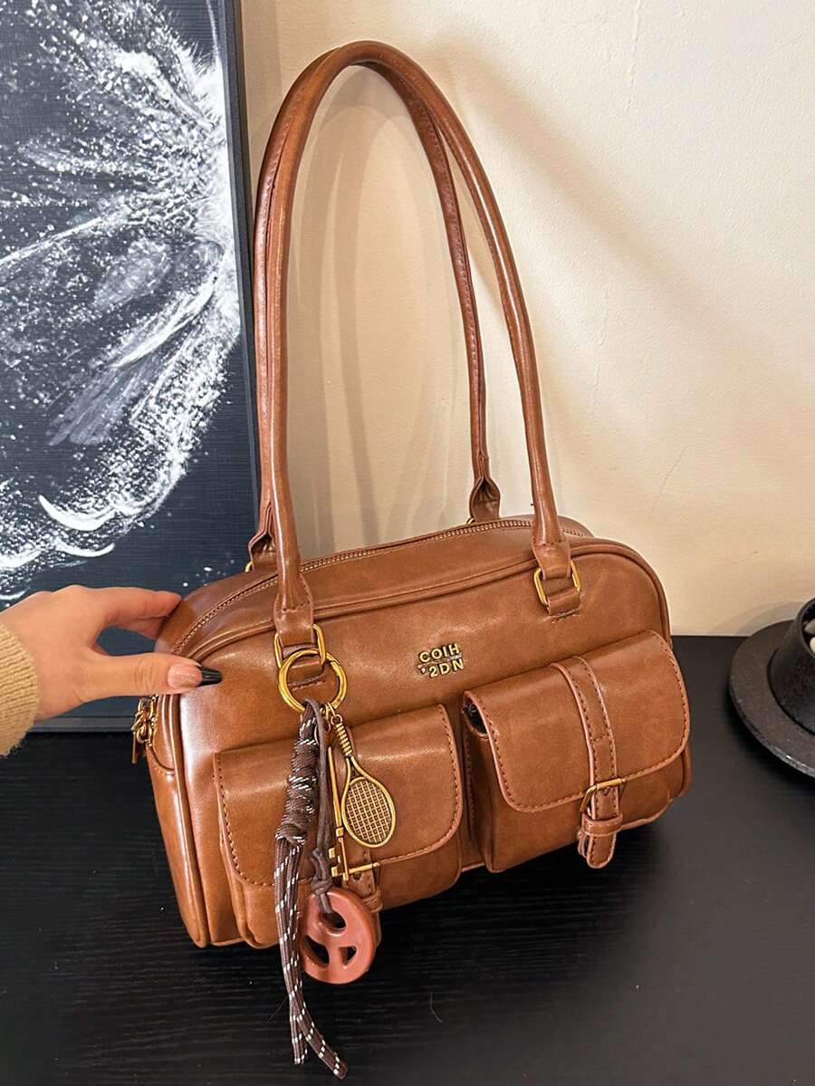 Trendy Pillow Shoulder Bag with Bread Knot Pendant and Multi Pockets, Retro Minimalist Handbag for Women, Perfect for Daily Use and Shopping