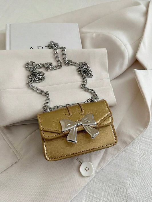 Fashionable Mini Square Crossbody Bag with Bow Decoration and Double Chain, Ideal for Fall and Winter, Lightweight Daily Purse for Students and Women