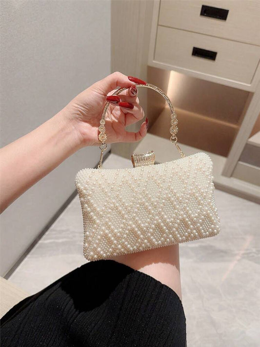 Faux Pearl Box Clutch Evening Bag for Women, Elegant Romantic Style Handbag for Bridal Events, Weddings, Proms, Formal Dinners or Dance Nights