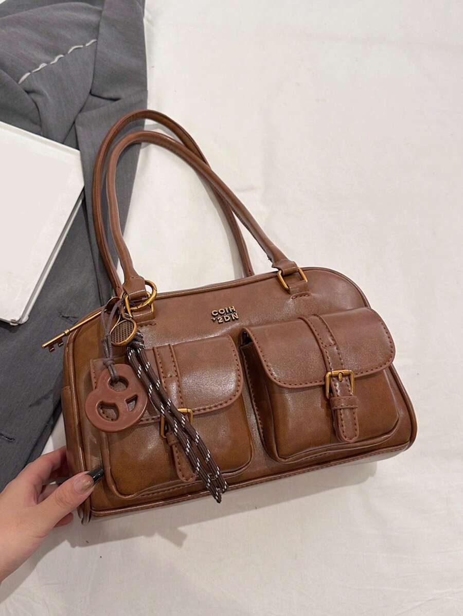 Trendy Pillow Shoulder Bag with Bread Knot Pendant and Multi Pockets, Retro Minimalist Handbag for Women, Perfect for Daily Use and Shopping