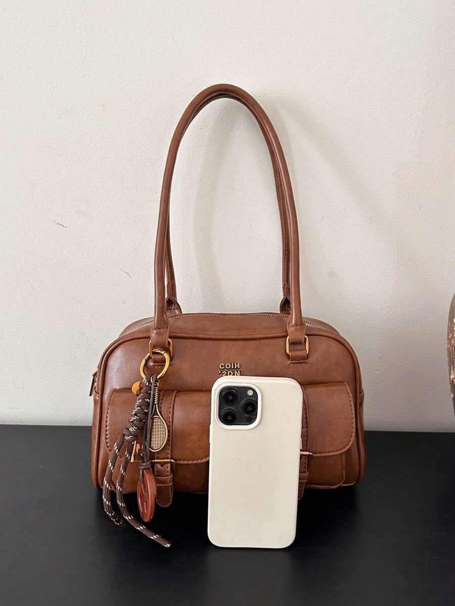 Trendy Pillow Shoulder Bag with Bread Knot Pendant and Multi Pockets, Retro Minimalist Handbag for Women, Perfect for Daily Use and Shopping