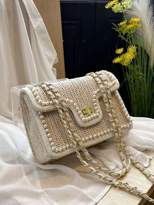 Straw Shoulder Bag with Faux Pearl Decor for Women, Perfect Beach Vacation Accessory, Trendy Summer Handbag for Travel, Holiday and Leisure