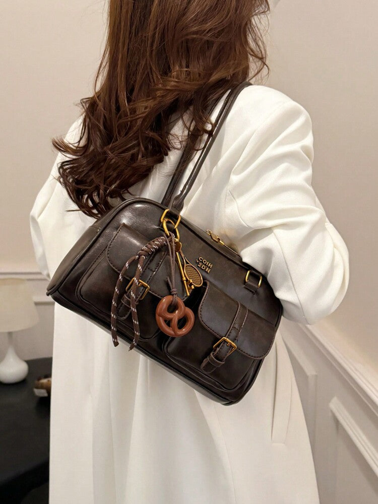 Trendy Pillow Shoulder Bag with Bread Knot Pendant and Multi Pockets, Retro Minimalist Handbag for Women, Perfect for Daily Use and Shopping