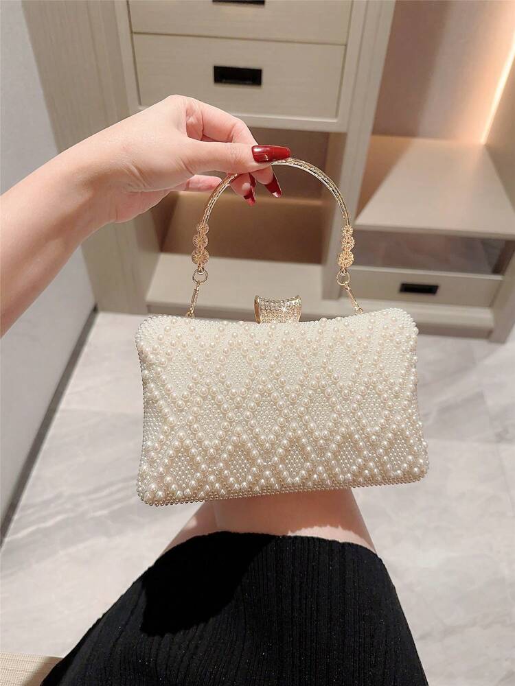 Faux Pearl Box Clutch Evening Bag for Women, Elegant Romantic Style Handbag for Bridal Events, Weddings, Proms, Formal Dinners or Dance Nights