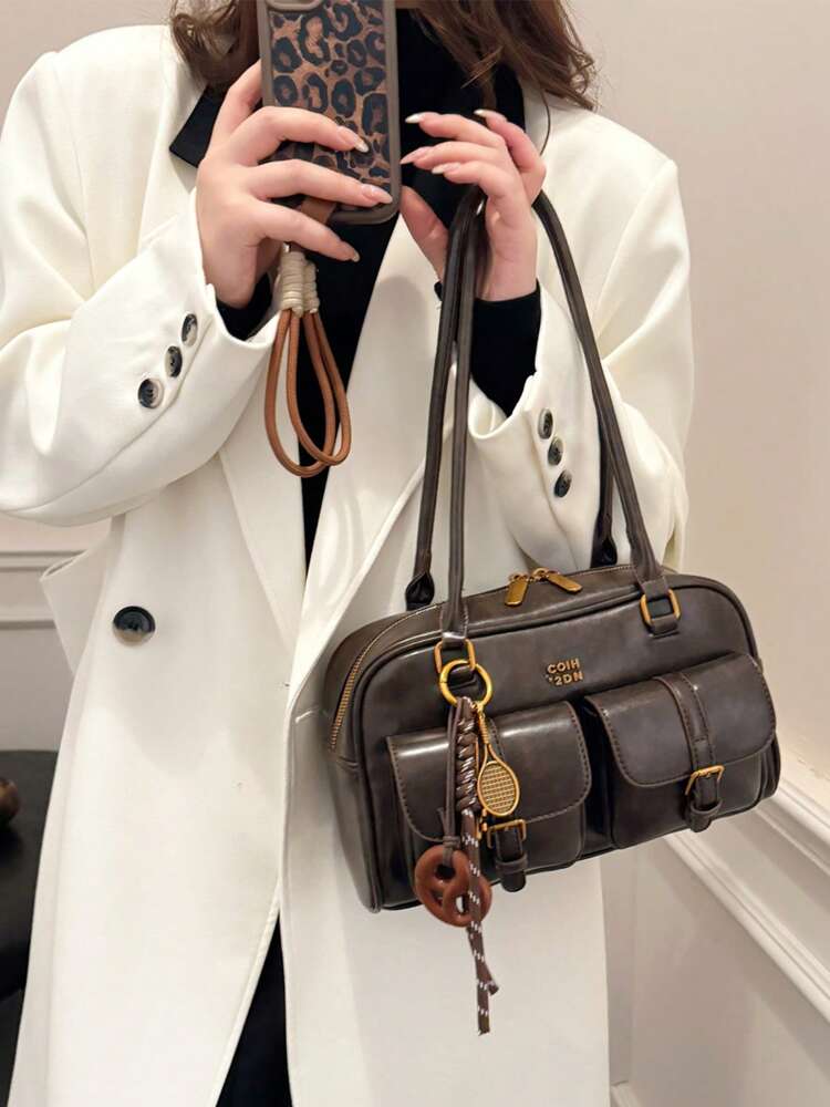 Trendy Pillow Shoulder Bag with Bread Knot Pendant and Multi Pockets, Retro Minimalist Handbag for Women, Perfect for Daily Use and Shopping