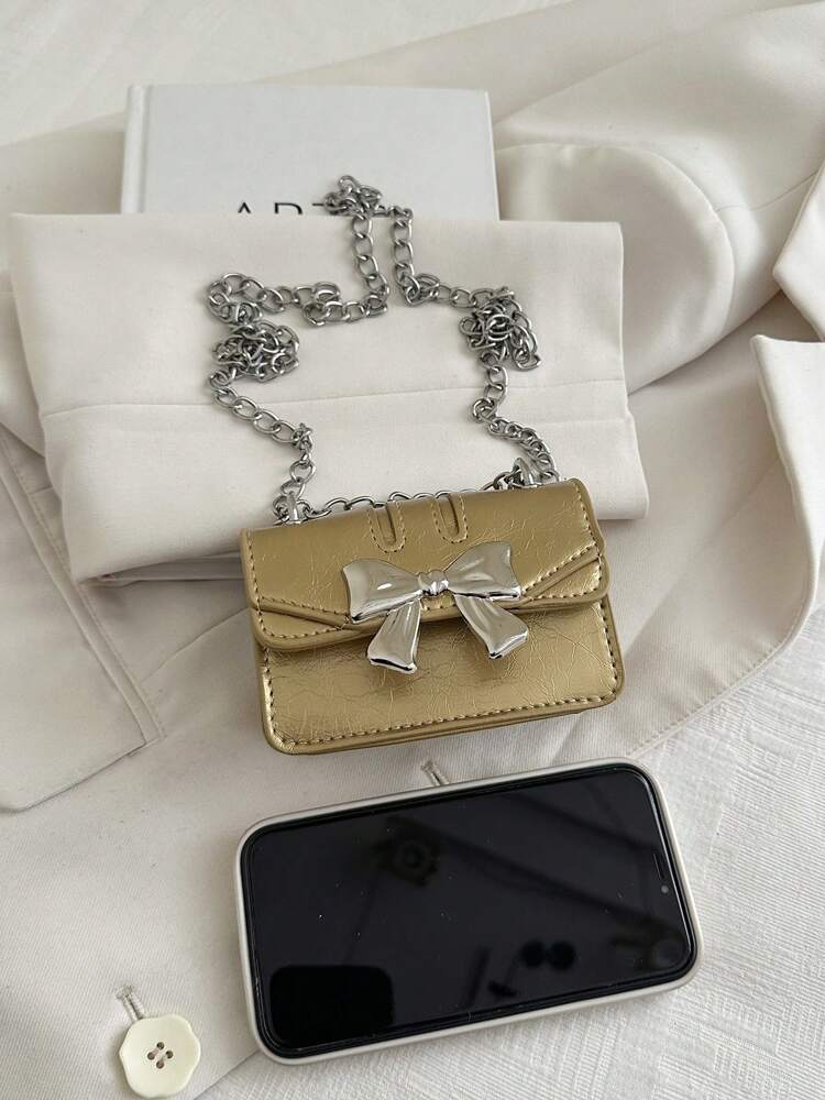 Fashionable Mini Square Crossbody Bag with Bow Decoration and Double Chain, Ideal for Fall and Winter, Lightweight Daily Purse for Students and Women