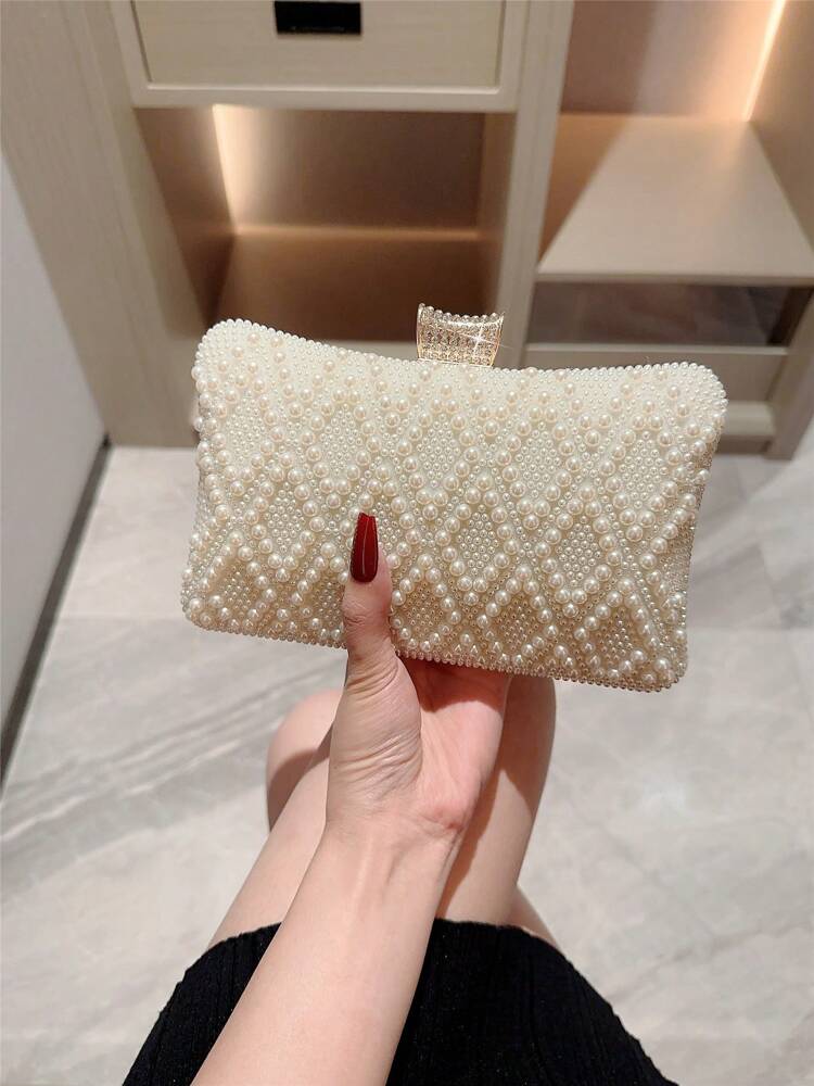 Faux Pearl Box Clutch Evening Bag for Women, Elegant Romantic Style Handbag for Bridal Events, Weddings, Proms, Formal Dinners or Dance Nights