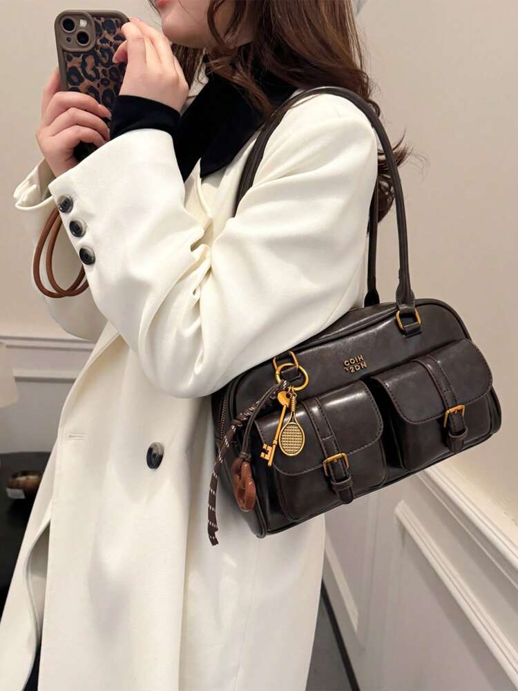 Trendy Pillow Shoulder Bag with Bread Knot Pendant and Multi Pockets, Retro Minimalist Handbag for Women, Perfect for Daily Use and Shopping