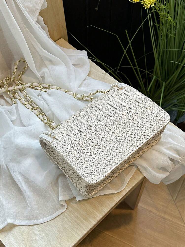 Straw Shoulder Bag with Faux Pearl Decor for Women, Perfect Beach Vacation Accessory, Trendy Summer Handbag for Travel, Holiday and Leisure