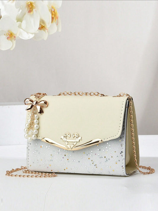 Elegant Square Flap Bag with Bow and Faux Pearl Decor, Mini Fashion PU Handbag with Adjustable Strap, Ideal Mother's Day Gift or Birthday Present