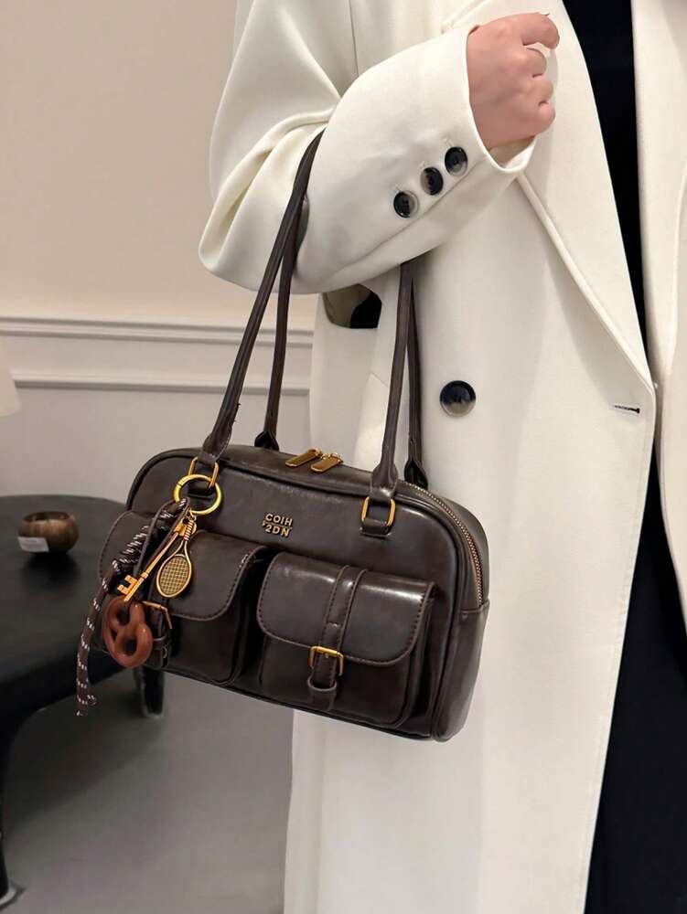 Trendy Pillow Shoulder Bag with Bread Knot Pendant and Multi Pockets, Retro Minimalist Handbag for Women, Perfect for Daily Use and Shopping