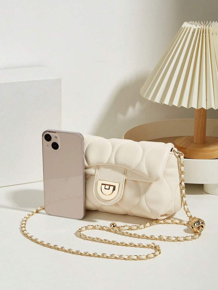 Versatile Quilted Shoulder Bag with Golden Ball Chain and Embroidery, Ideal for Work, Shopping or Evening Out, Lightweight Gift for Women