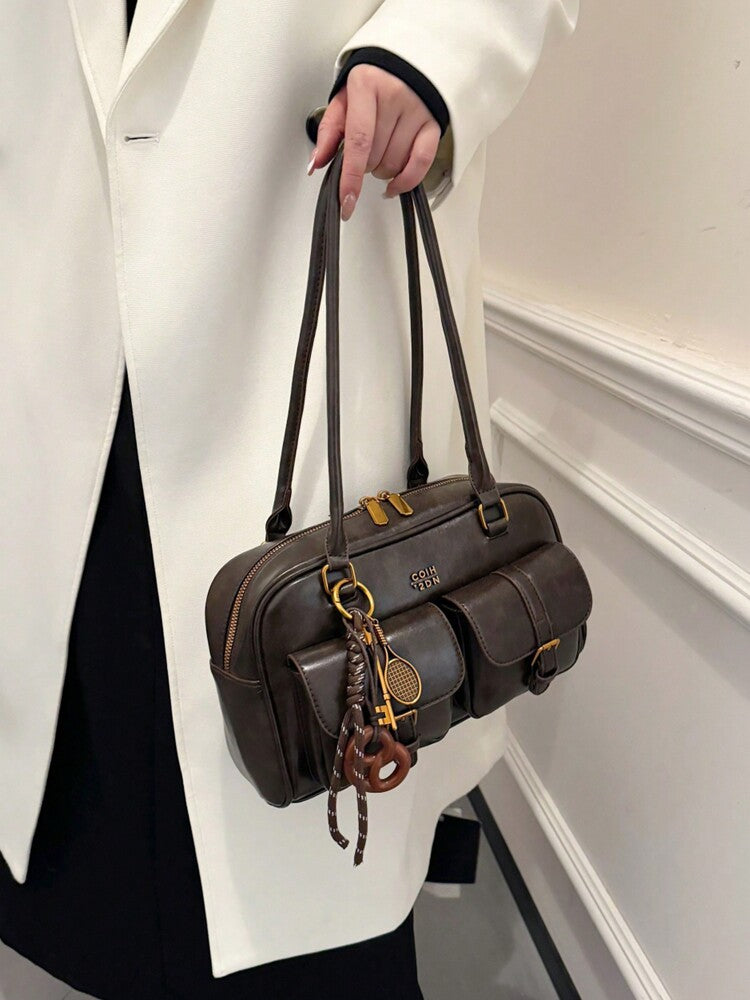 Trendy Pillow Shoulder Bag with Bread Knot Pendant and Multi Pockets, Retro Minimalist Handbag for Women, Perfect for Daily Use and Shopping