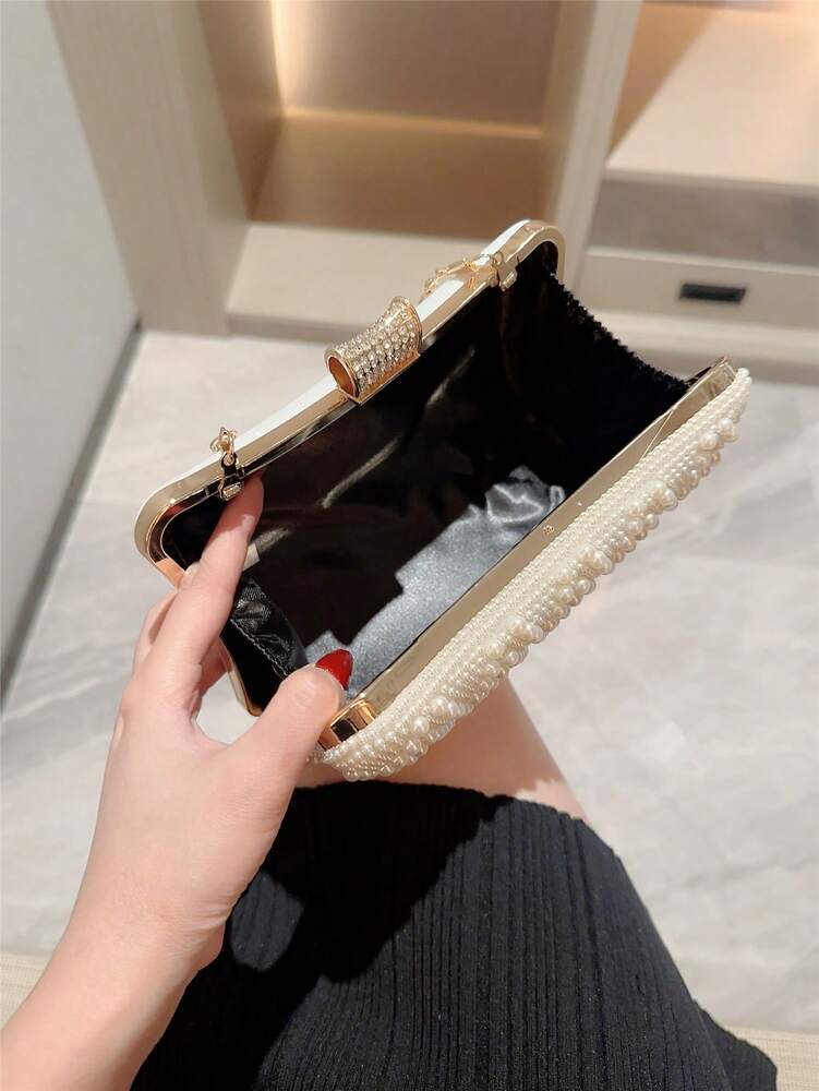 Faux Pearl Box Clutch Evening Bag for Women, Elegant Romantic Style Handbag for Bridal Events, Weddings, Proms, Formal Dinners or Dance Nights
