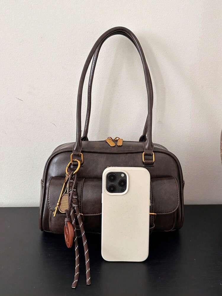 Trendy Pillow Shoulder Bag with Bread Knot Pendant and Multi Pockets, Retro Minimalist Handbag for Women, Perfect for Daily Use and Shopping